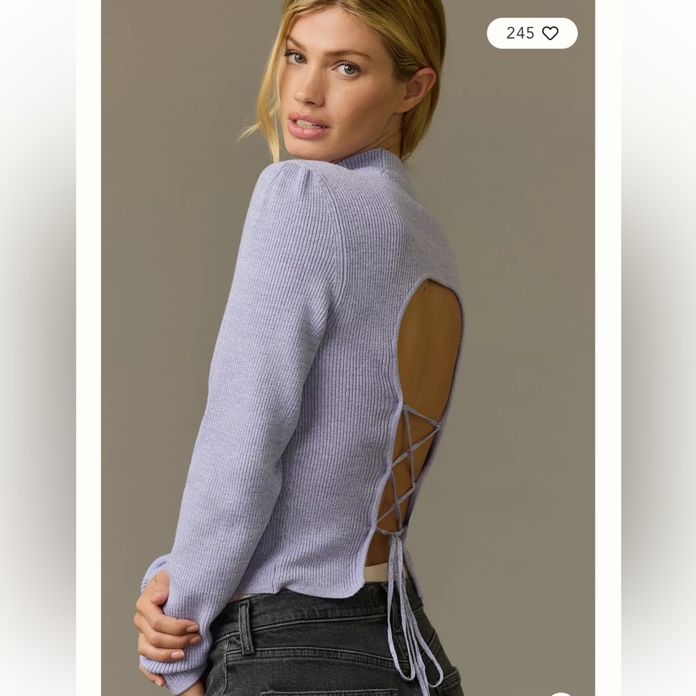 Anthropologie Mock-Neck Lace-Up Open Back lilac purple ribbed Sweater XS S - Picture 9 of 9